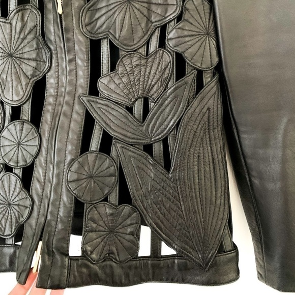 Rare & HTF Gemma Kahng New York VTG Cut-out Black Floral Runway Leather Jacket S - Picture 7 of 16